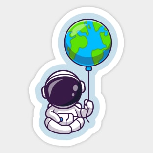 Cute Astronaut Sitting With Earth Balloon Cartoon Sticker